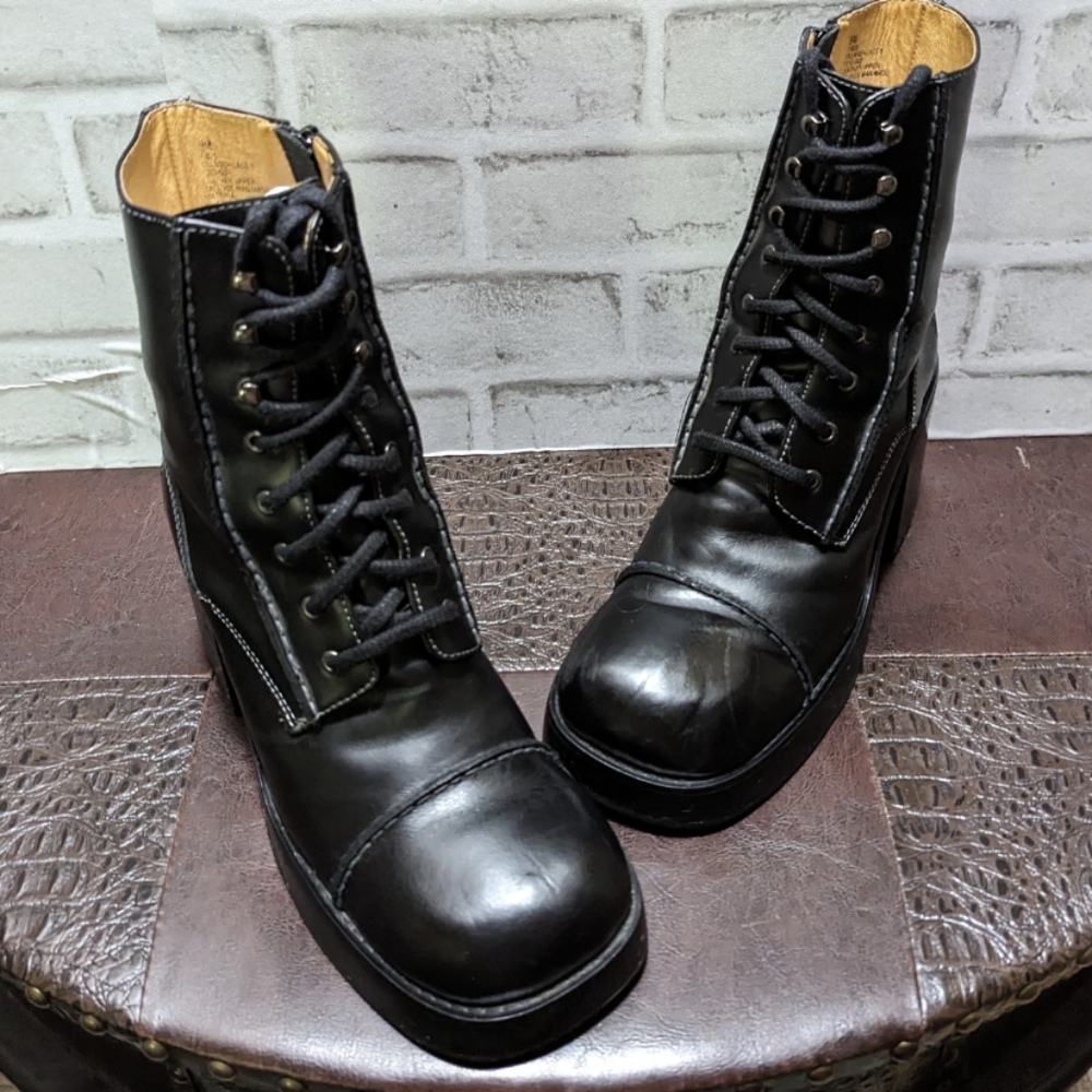 Frye Vintage Y2K Villager Boot Lace Up Zip Stitch 70's Chunky Heel Black Size 9 - Picture 11 of 16